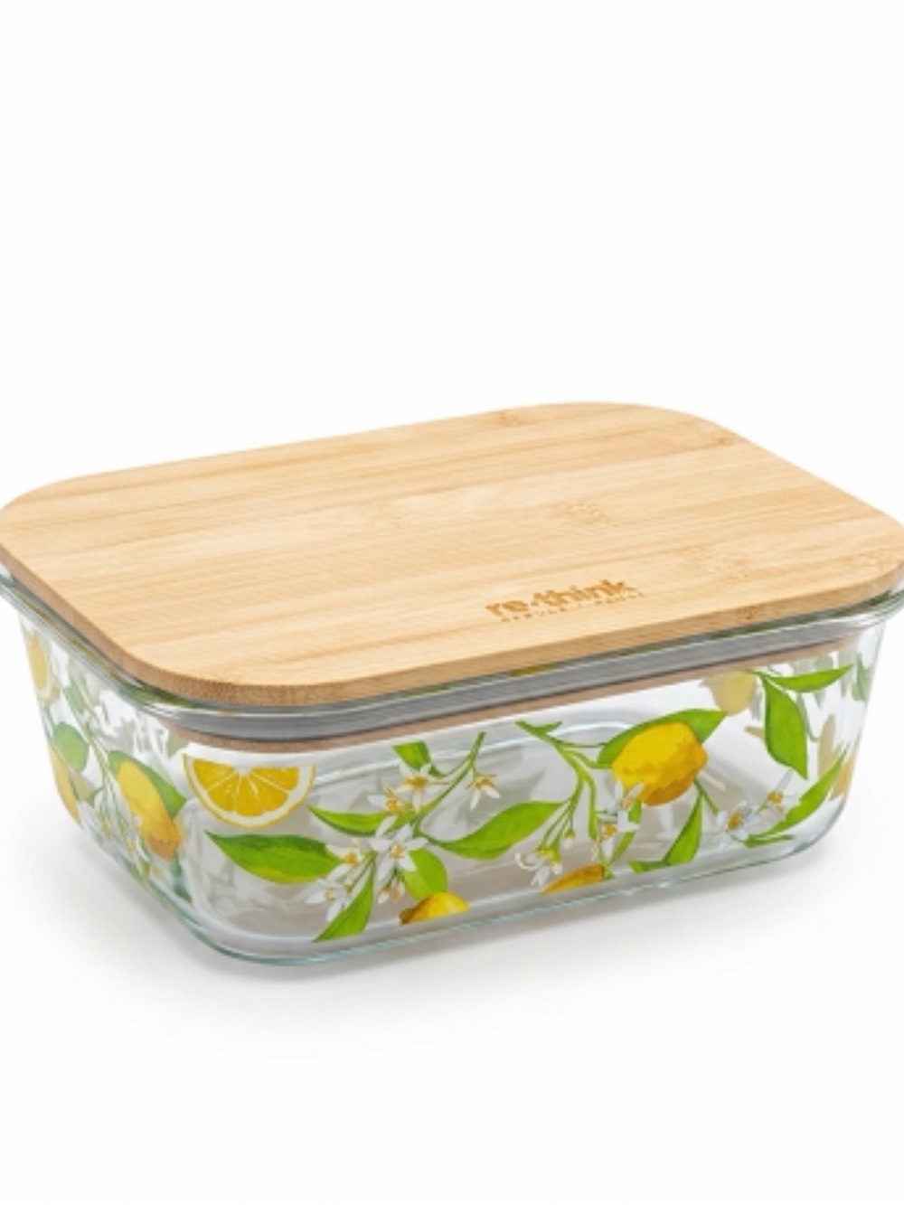 Glass food container with lemon pattern & bamboo lid, 9” x 6.5" EUC